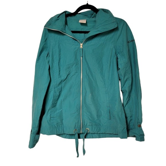 VINTAGE Columbia Jacket Womens Medium Blue Full Zip Hooded Rain Coat Pockets - Picture 1 of 7